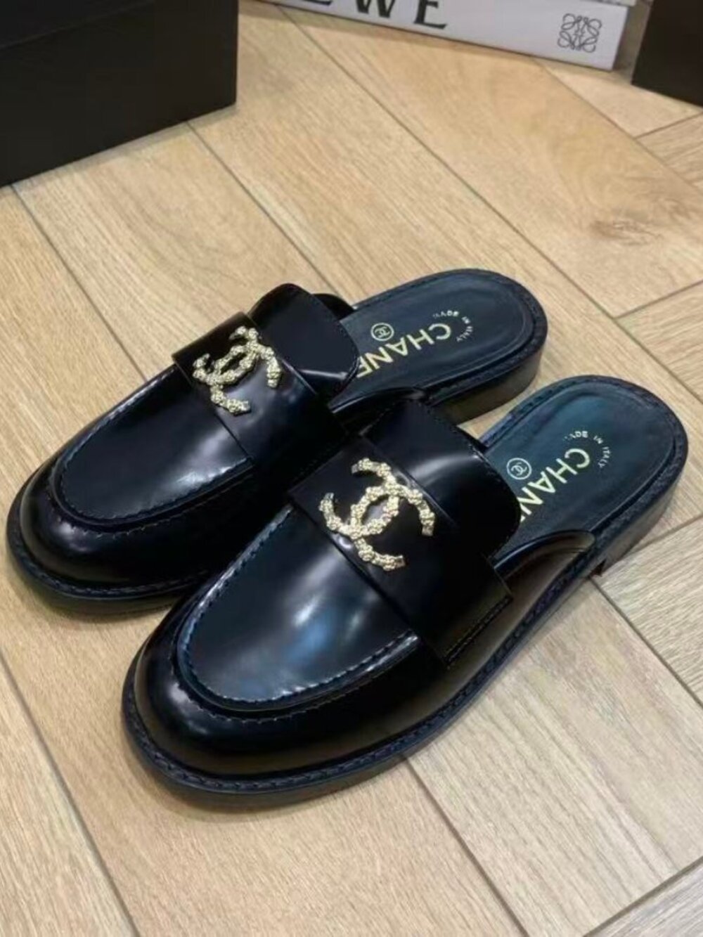 Chanel Black CC Slip On Mule Loafers Size 38